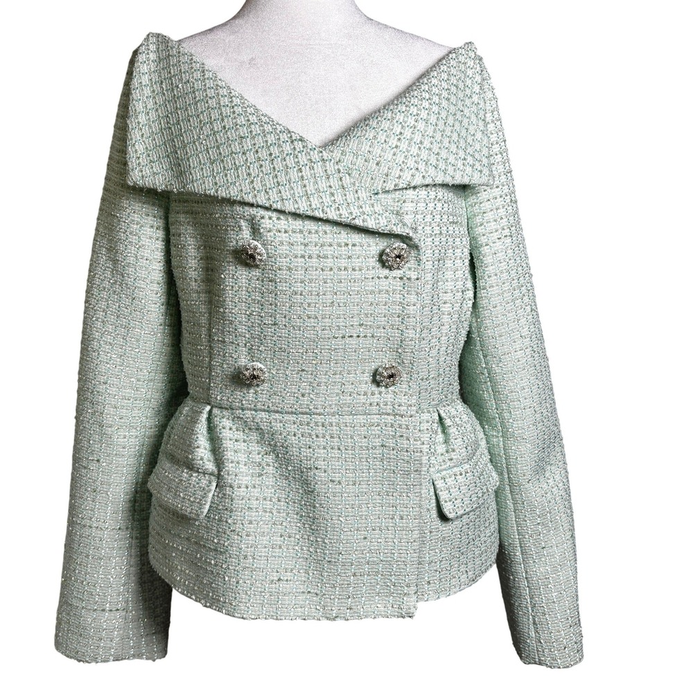 Self Portrait Mint‎ Jacket Blazer Size 12 Tweed Embellish Double Breasted Peplum